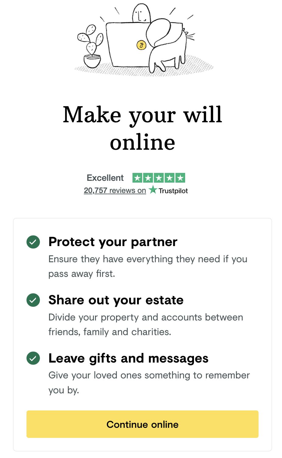 Farewill's online will service, with its Trustpilot rating and the steps to continue online
