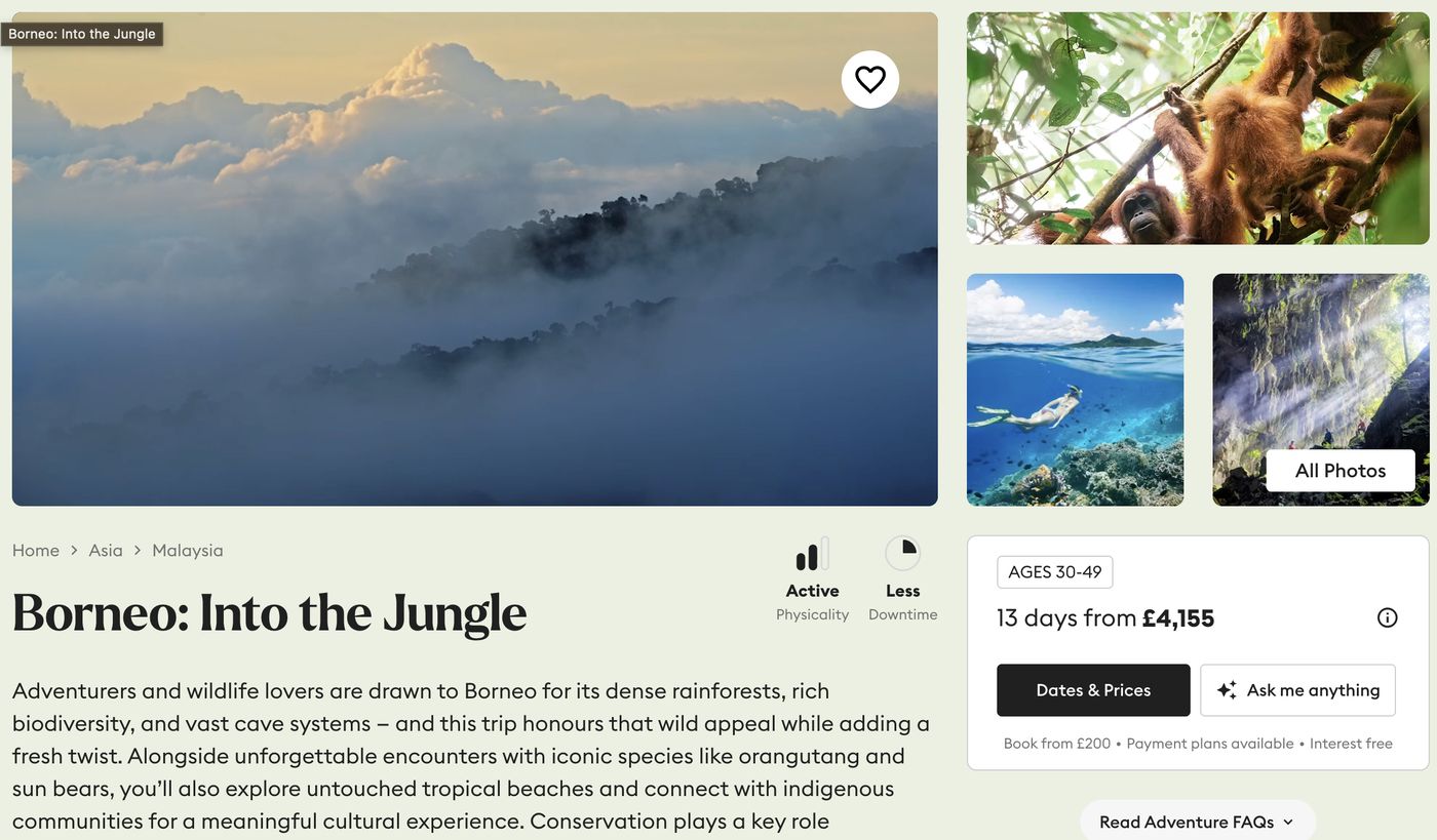 A Flash Pack trip page for Borneo: Into the Jungle, with photos of rainforest, orangutans and a reef