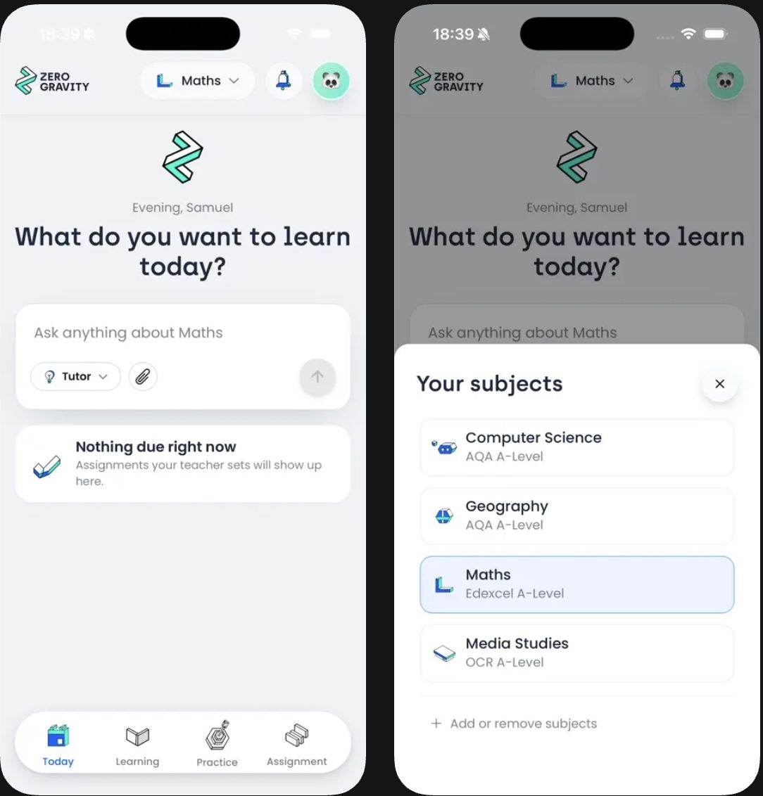 Two screens of the Zero Gravity tutor app: the home screen asking what you want to learn today, and the subject picker